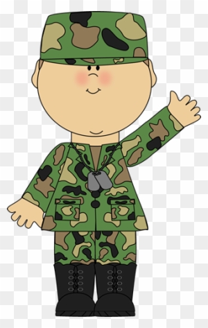 Cartoon soldier in camouflage uniform waving, wearing cap, boots, and dog tags.