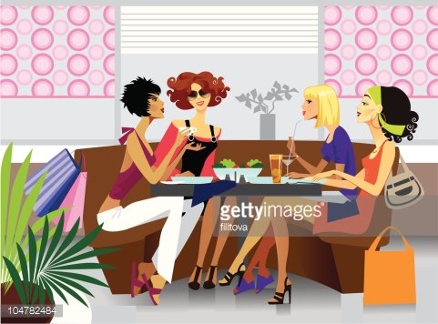 Four stylish women enjoying drinks and conversation at a trendy café after shopping.