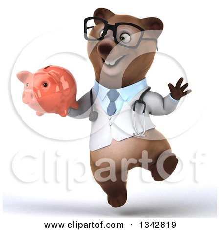 Cartoon bear doctor in lab coat and glasses holding a pink piggy bank, jumping joyfully.