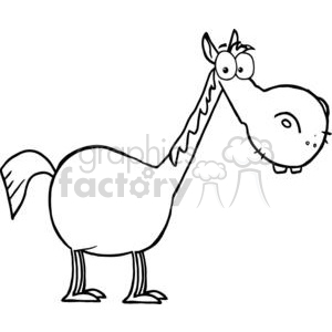 Cartoon horse with long neck, expressive eyes, and playful stance in black-and-white line art.
