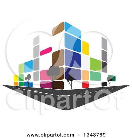 Colorful abstract cityscape with geometric buildings on a road, symbolizing urban development and connectivity.