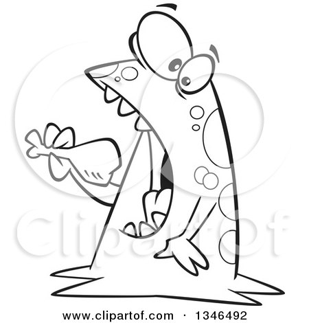 Cartoon monster with big eyes and sharp teeth holding a fish, standing in a puddle.