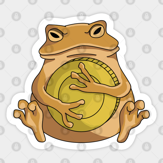 A cartoon toad hugging a large golden coin with a smug expression.