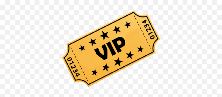 Yellow VIP ticket with black stars and serial number 01234 on transparent background.