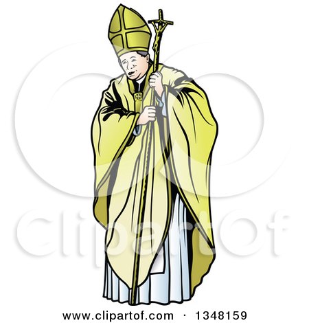 A bishop in golden vestments holding a crozier and wearing a mitre, depicted in stylized clip art.