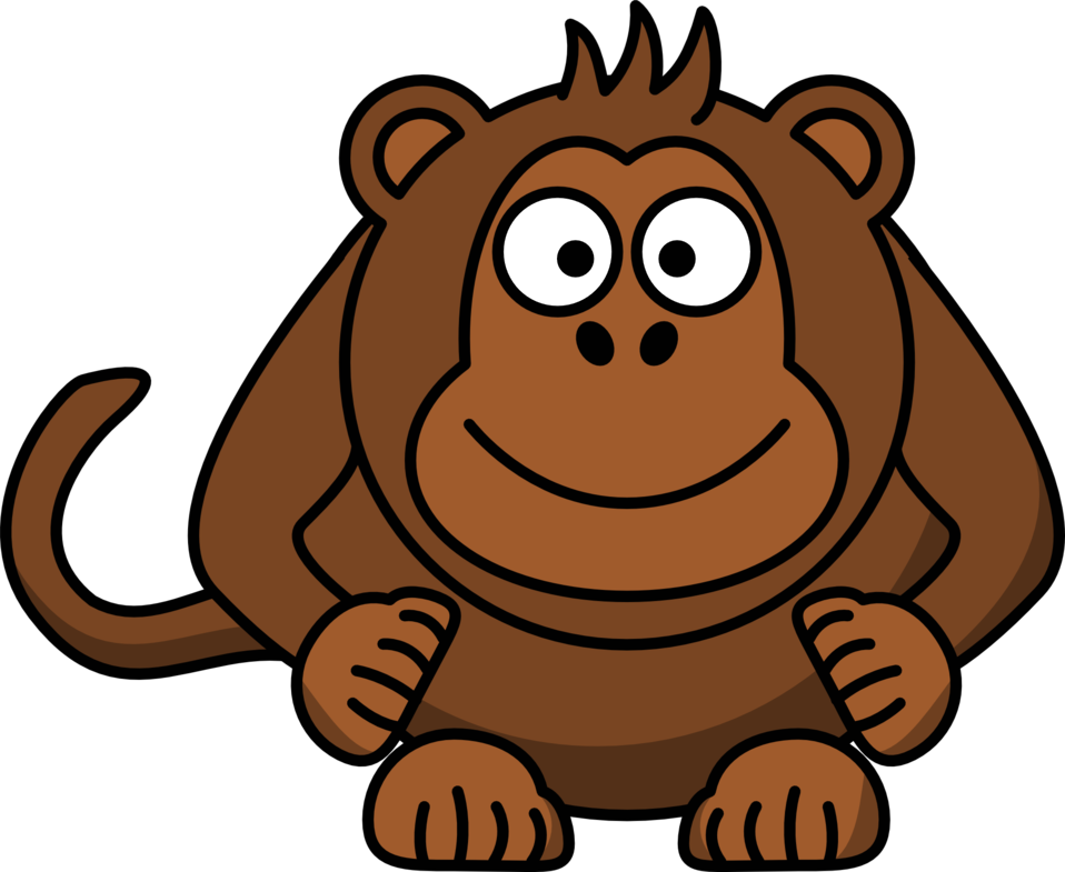 Friendly cartoon monkey sitting with big eyes and a smile, brown fur, black outline on transparent background.