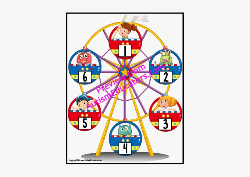 Colorful educational Ferris wheel with numbered cartoon characters for counting and learning activities.