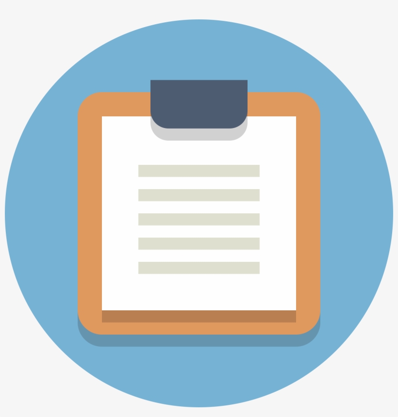 Flat design icon of a clipboard with a blank document and placeholder lines, set against a light blue circular background.