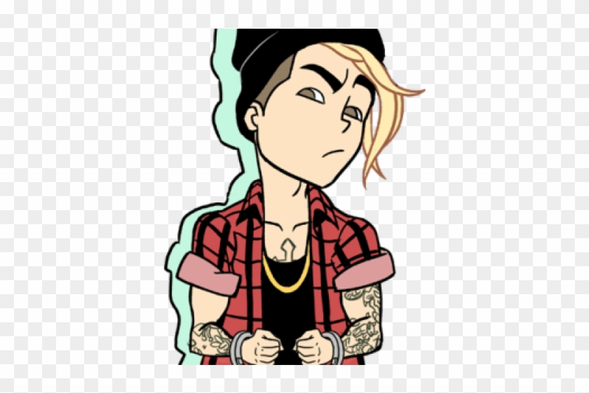 Cartoon punk-style character with blond hair, black beanie, red plaid shirt, tattoos, and gold chain, looking skeptical.