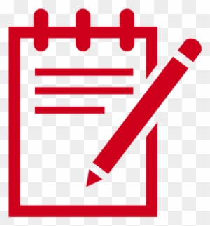 Red icon of a notepad with horizontal lines and a diagonal pencil, symbolizing writing, note-taking, or task listing.