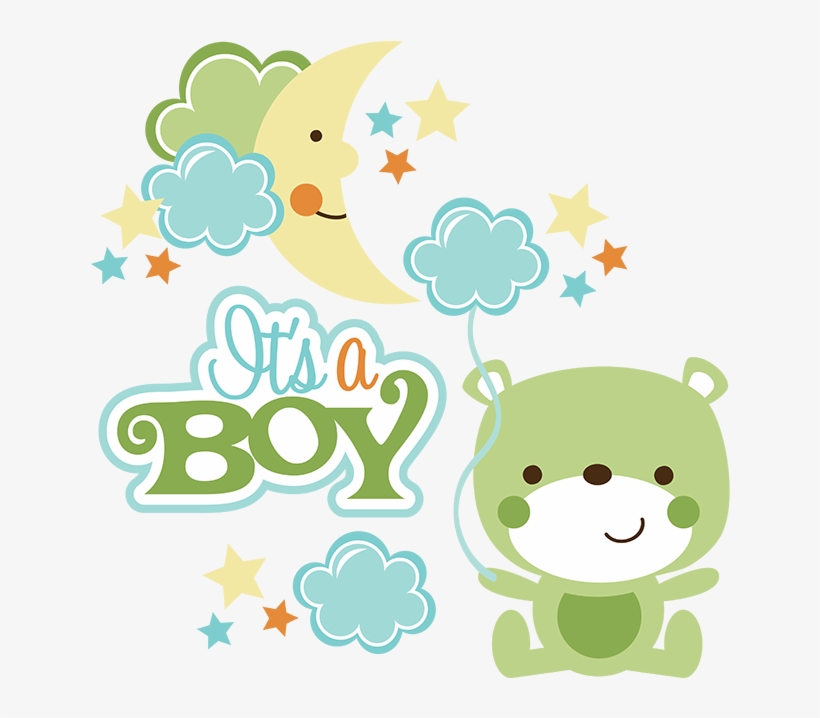 Cute green bear holding a cloud balloon under a smiling moon with stars and "It's a Boy" text.