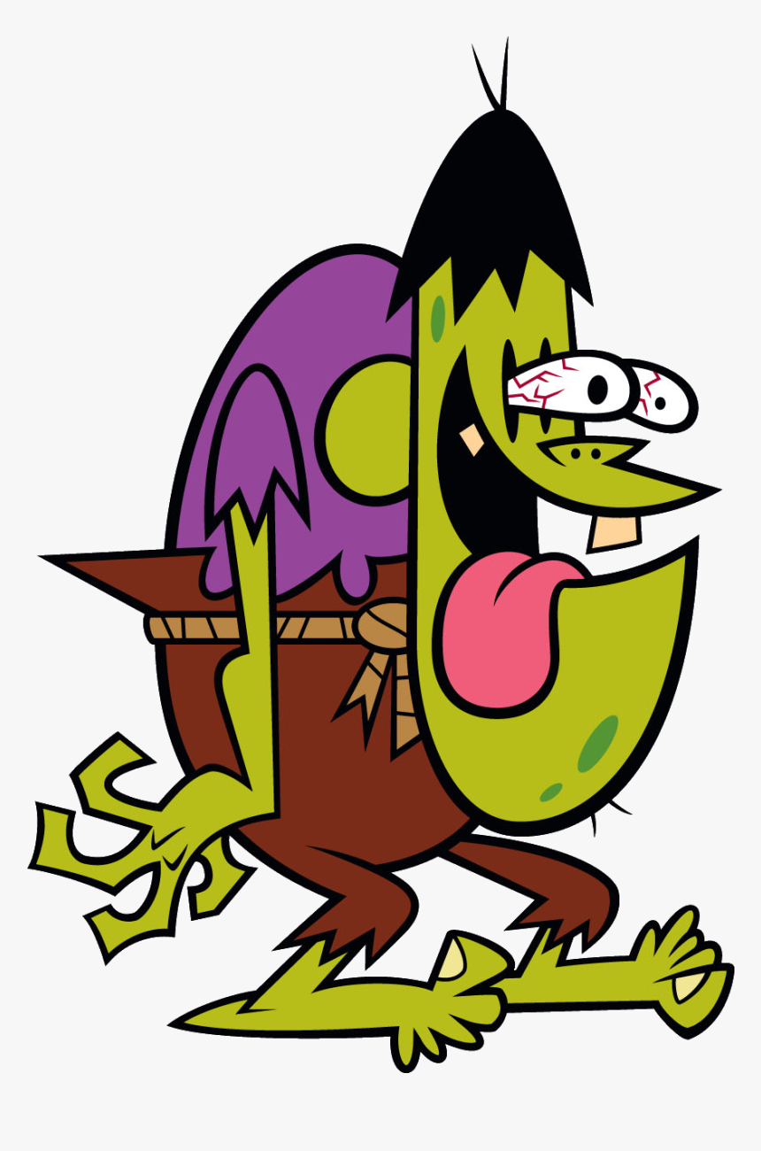 A cartoon green monster with black hair, bulging eyes, and a wide grin, wearing a purple cape and brown pants, running energetically.