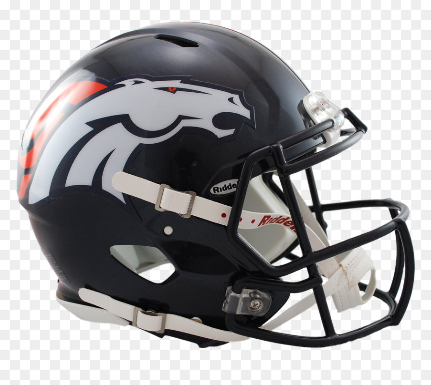 Denver Broncos Riddell football helmet with orange-white horse logo on navy shell and black facemask.