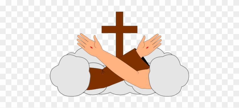 A pair of outstretched hands with stigmata wounds, emerging from clouds beneath a wooden cross.