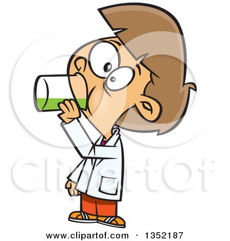 Cartoon boy in lab coat drinking green liquid from a test tube, wide-eyed with curiosity.