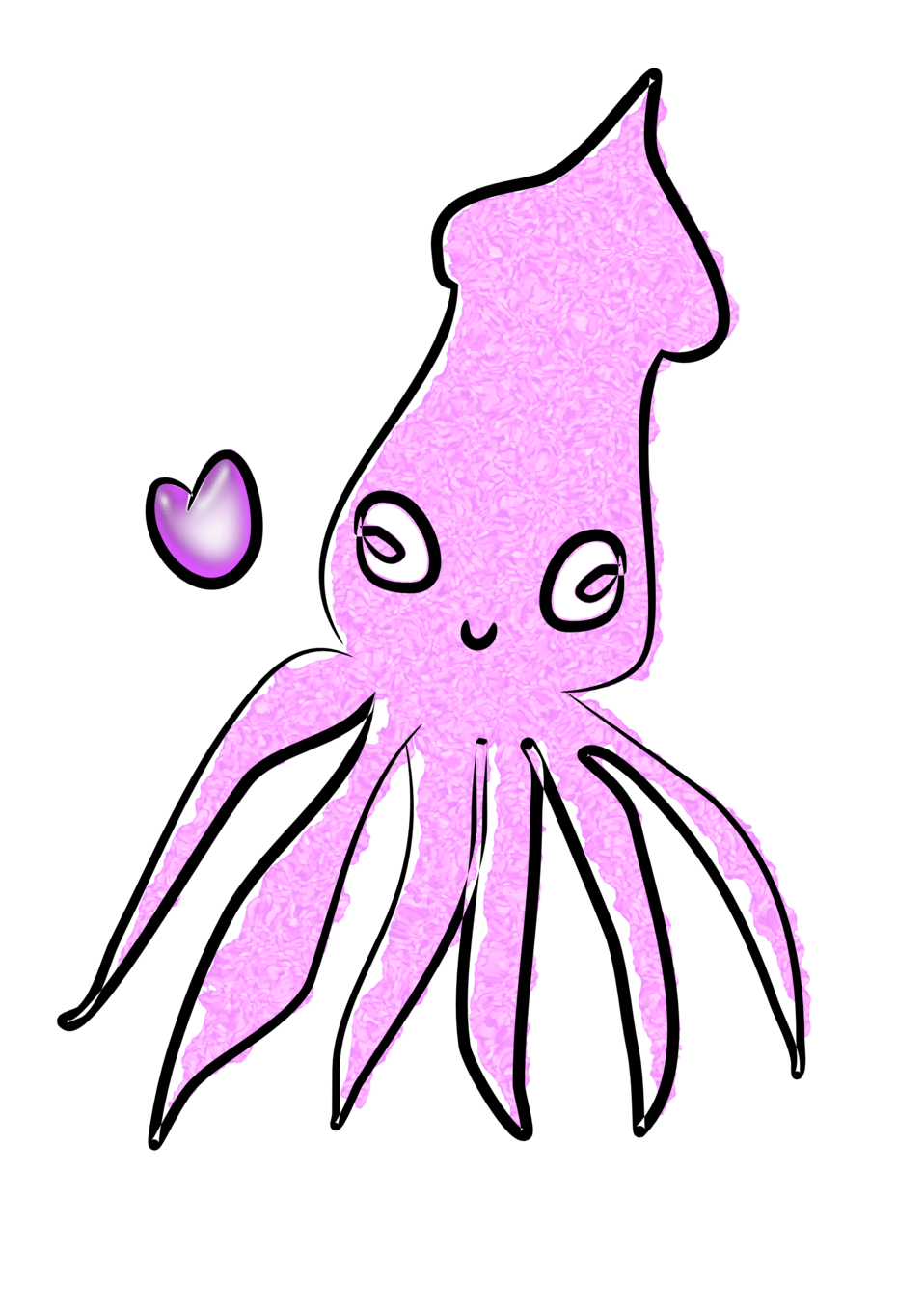 A cute, stylized pink squid with large eyes, a smiling face, and a floating purple heart against a black background.