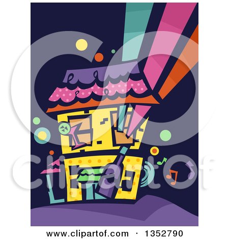 Vibrant abstract illustration of a colorful house with geometric shapes, musical notes, and dynamic light beams against a dark background.