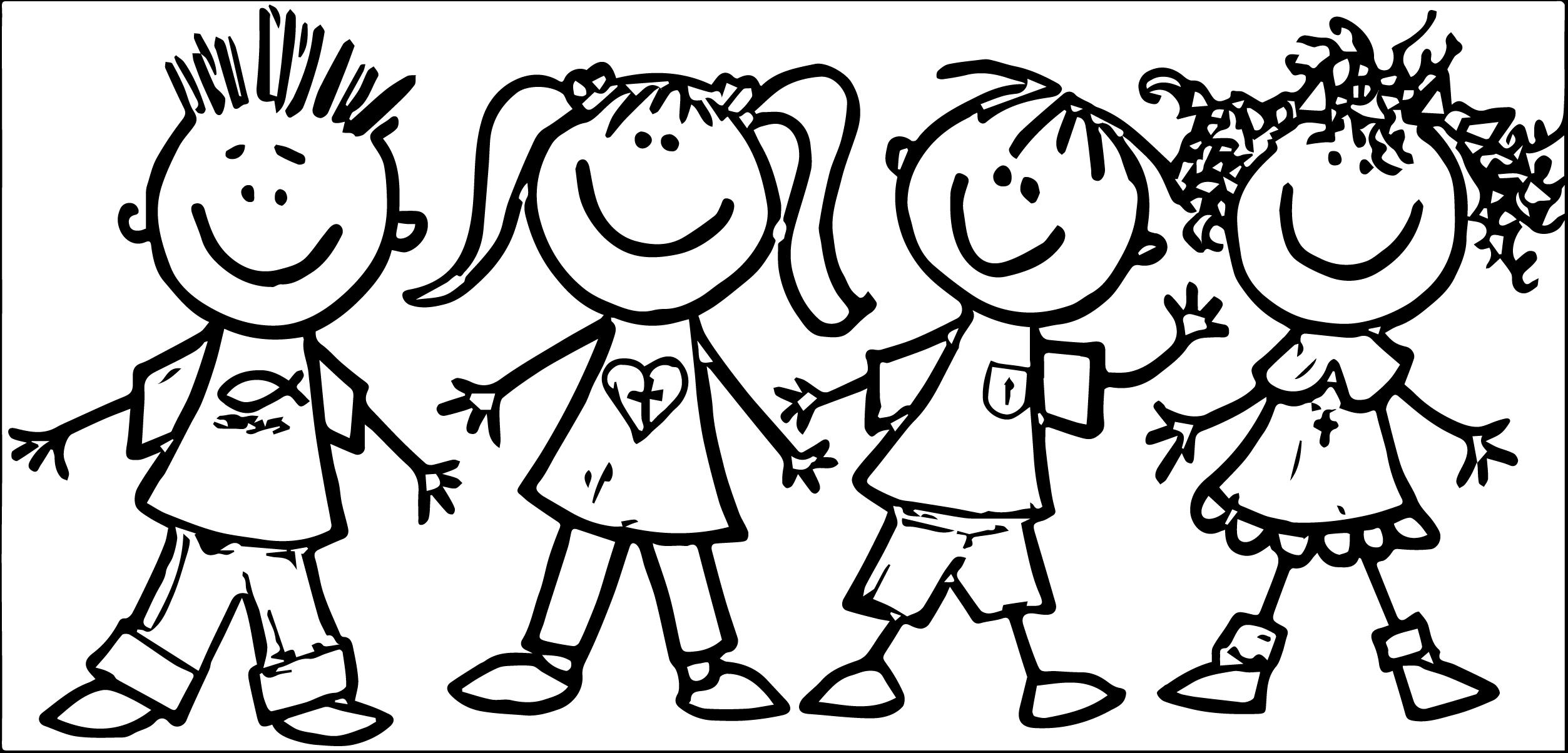 Four smiling stick-figure children holding hands, each with unique hairstyles and clothing featuring Christian symbols.