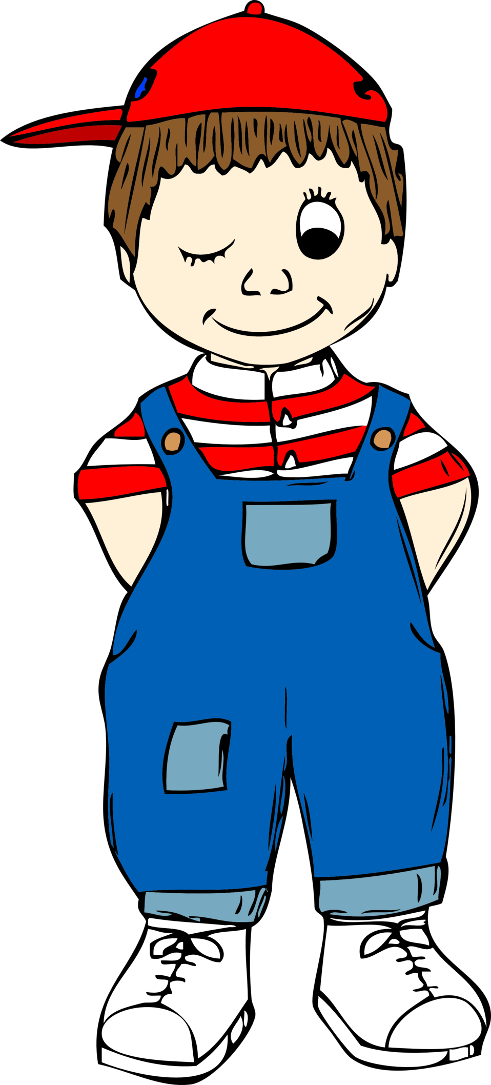 Cartoon boy in red cap, striped shirt, blue overalls, and white sneakers, winking with a smile.