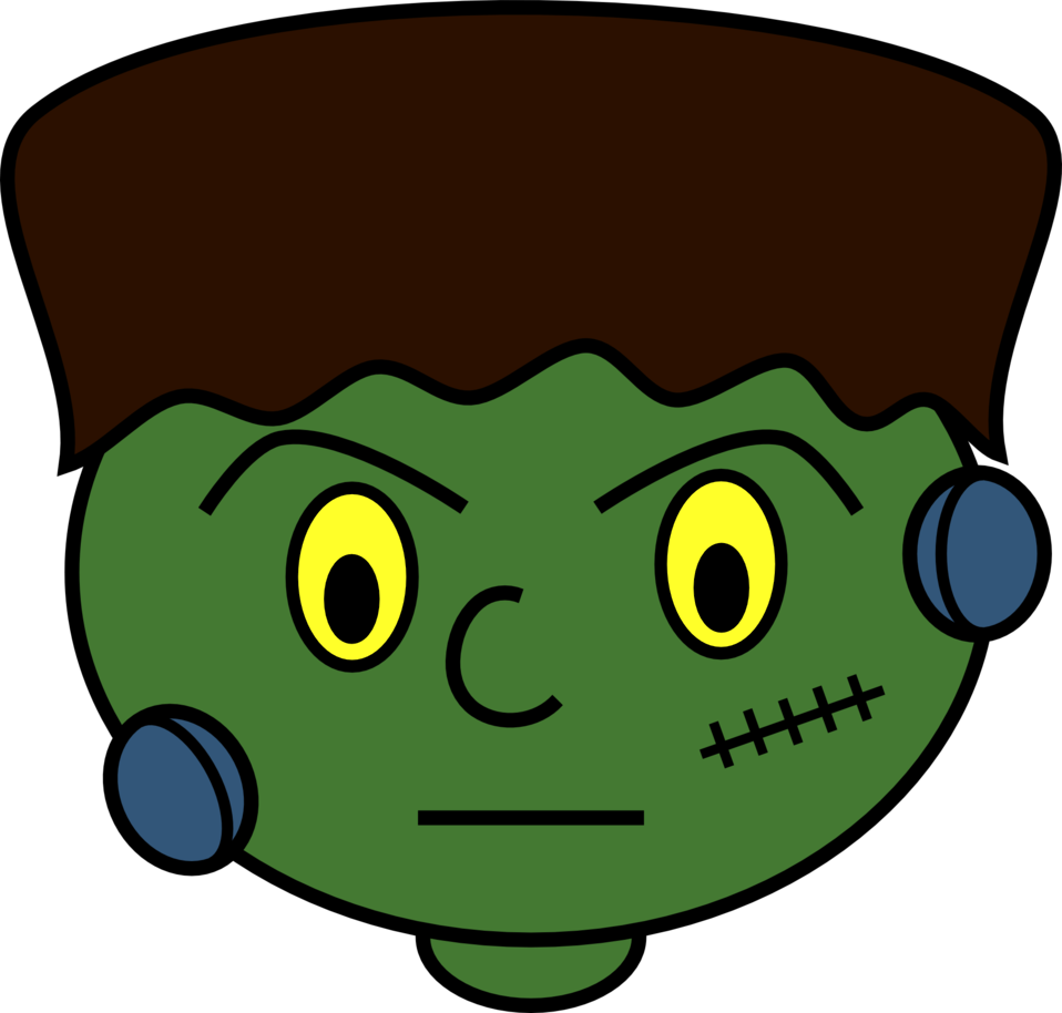 Cartoon green Frankenstein monster face with yellow eyes, stitched cheek, and blue bolts.