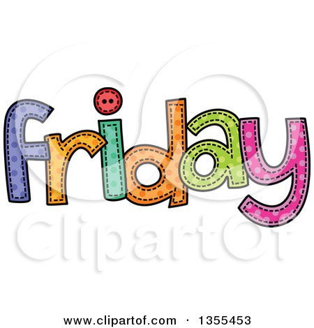 Colorful stitched-style "Friday" text with playful font and button accent.