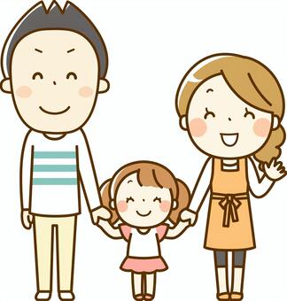Happy cartoon family of three-father, mother, and daughter-holding hands and smiling warmly.