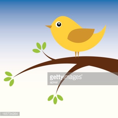 A cheerful yellow bird with brown wing perched on a budding tree branch against a soft blue-to-white gradient sky.