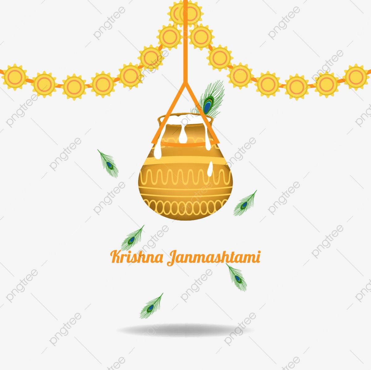 Golden pot with overflowing milk, peacock feathers, and floral garland for Krishna Janmashtami celebration.