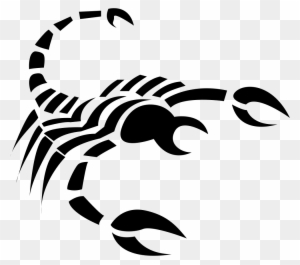 Black tribal-style scorpion silhouette with stylized stripes and curved tail on transparent background.