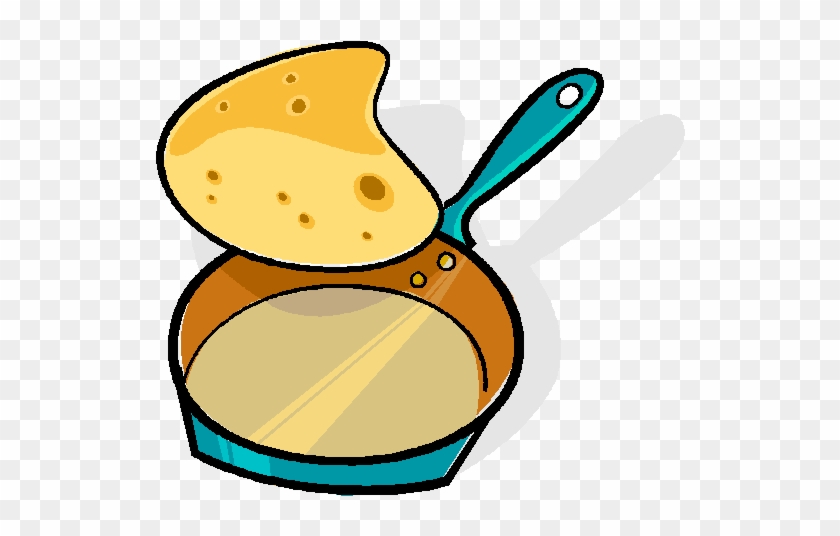 Cartoon-style frying pan with a golden-brown pancake being flipped mid-air.