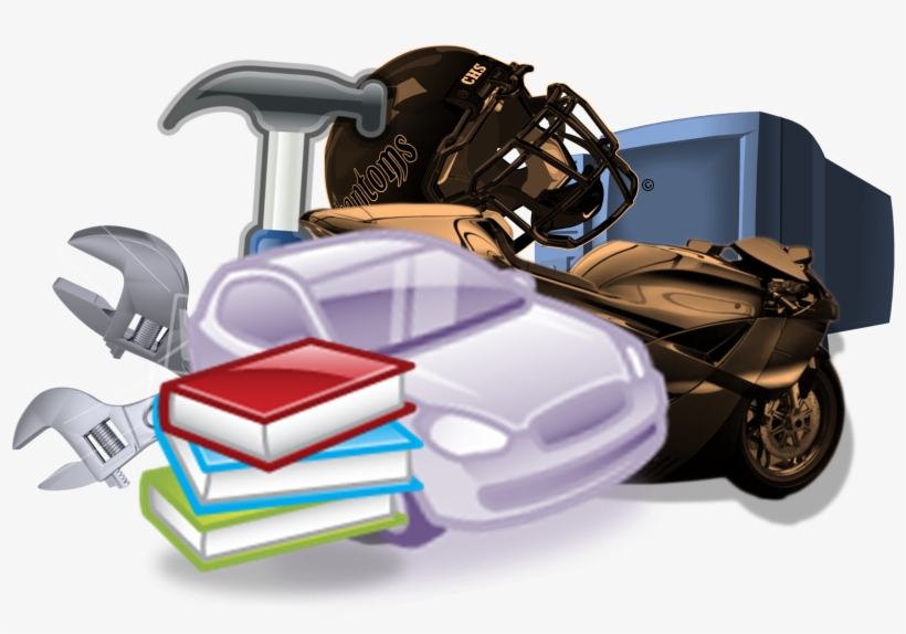 A collage of tools, books, a car, motorcycle, football helmet, and TV representing education, repair, and hobbies.
