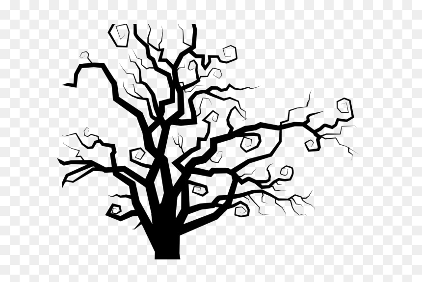 Black silhouette of a bare, cracked tree with geometric leaf shapes on transparent background.