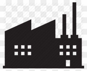Black silhouette icon of a factory building with smokestacks and windows on transparent background.