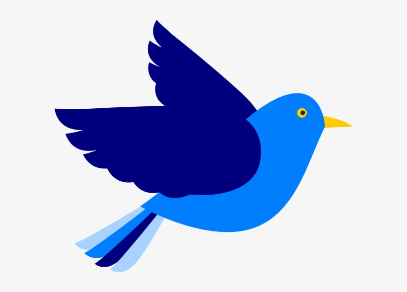 Blue bird in flight with yellow beak and eye, stylized vector illustration on white background.