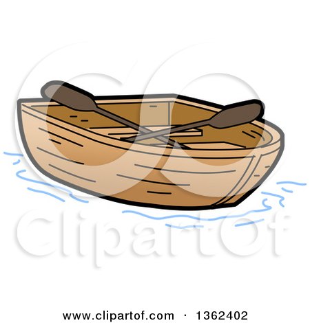 Wooden rowboat with two oars floating on calm water, cartoon-style illustration.