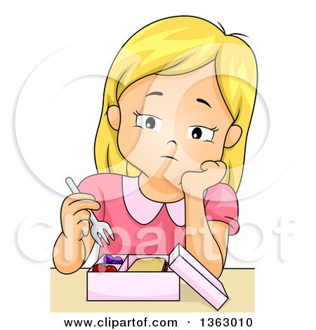 A thoughtful blonde girl in a pink dress holds a fork over an open lunchbox, resting her chin on her hand.
