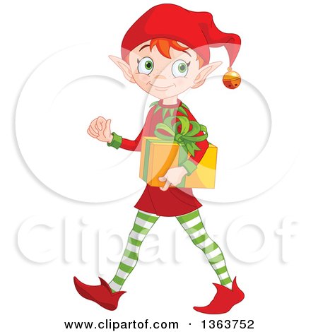 Happy Elf Carrying Gift - Festive Holiday Illustration