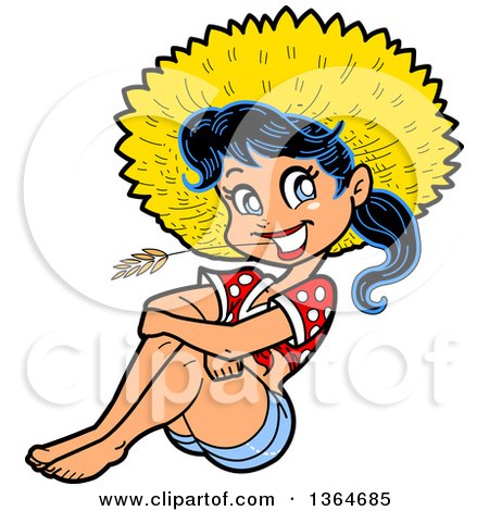 Smiling cartoon woman in red polka-dot swimsuit and large yellow sunhat, sitting barefoot with wheat stalk.