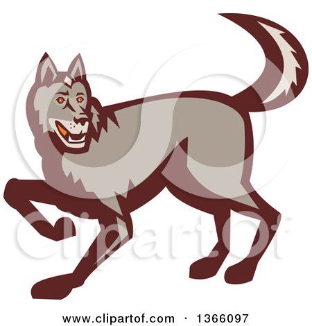 Stylized cartoon wolf in mid-stride, snarling with sharp teeth, gray and brown fur, expressive orange eyes, dynamic pose.