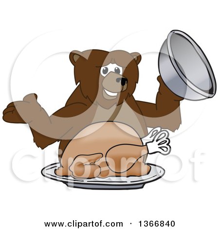 A cartoon bear proudly presenting a roasted turkey on a platter with a silver serving dome.
