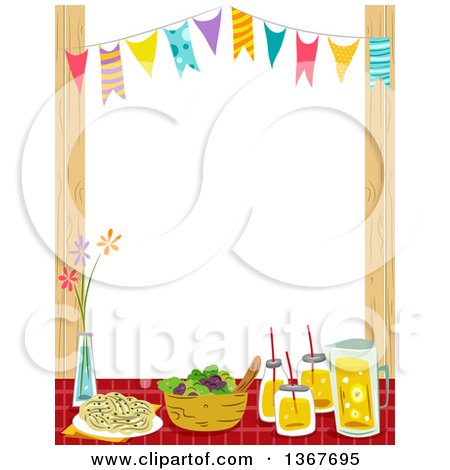 Festive picnic table with pasta, salad, drinks, flowers, and colorful bunting flags framed by wooden posts.