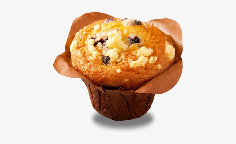 Golden blueberry muffin with crumb topping in a brown paper liner, freshly baked and appetizing.