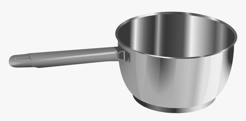Stainless steel saucepan with long handle, reflective surface, isolated on white background.