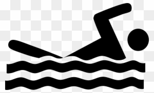 Black silhouette of a swimmer performing freestyle stroke above wavy water lines on transparent background.