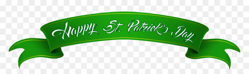Green ribbon banner with "Happy St. Patrick's Day" in elegant white script on transparent background.