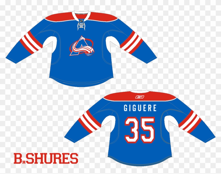 Colorado Avalanche hockey jersey design featuring Giguère #35, front and back views with blue, red, and white accents.