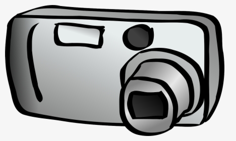 A grayscale cartoon-style illustration of a compact digital camera with a prominent lens and flash.