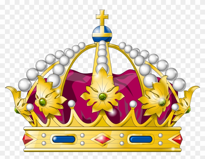 Golden royal crown with pearls, purple velvet, green gems, and a cross-topped orb.