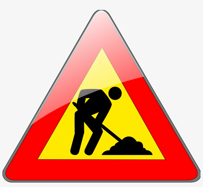 Red-bordered triangular warning sign showing a black silhouette of a worker digging with a shovel on yellow background.