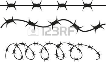 Three black-and-white vector illustrations of barbed wire in straight, wavy, and coiled forms on a white background.